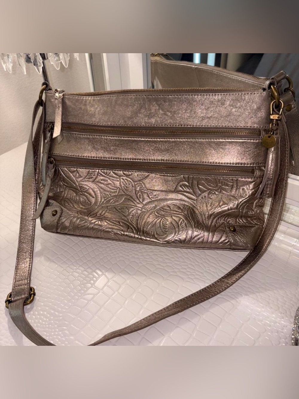 Metallic Rose Gold Embossed Crossbody Bag